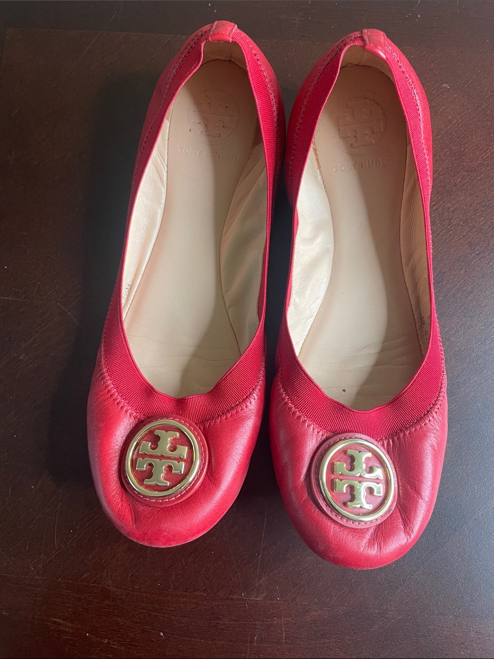 Tory Burch Red Leather Logo Round-Toe Ballet Flats